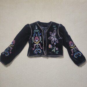 Women's Black Velvet Floral Embroidered Crop Jacket, Size Medium